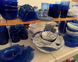 Vintage Blue glass sets - glasses, bowls, plates. Vintage Dansk blue and white serving dishes