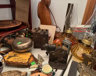 Vintage oil lamps, vintage plaques, antique bookends, vintage bits and bobs