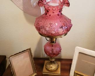 CRANBERRY GLASS LAMP AND FRAMES