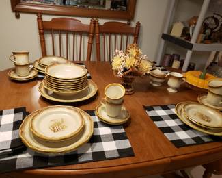 TELL CITY CHAIR CO, MID CENTURY DINING TABLE AND 6 CHAIRS, MIKASA STONEWARE DISHES "WHOLE WHEAT"