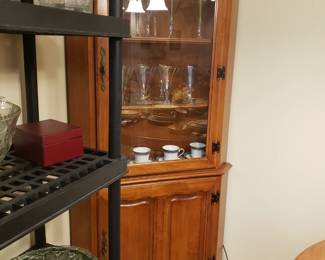 TELL CITY CHAIR COMPANY, PAIR OF LIGHTED CORNER CHINA CABINETS, PATTERN 8417, FINISH #48 ANDOVER, MID CENTURY