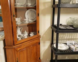 TELL CITY CHAIR CO, PAIR OF MAPLE LIGHTED CORNER CHINA CABINETS, PATTERN 8417, #48 ANDOVER FINISH, MID CENTURY