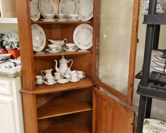 TELL CITY CHAIR CO PAIR OF LIGHTED CORNER CHINA CABINETS, PATTERN 8417, #48 ANDOVER FINISH, MID CENTURY 