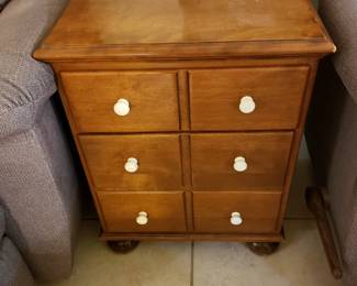 ETHAN ALLEN 2 DRAWER CABINET WITH WHITE KNOBS, MID CENTURY