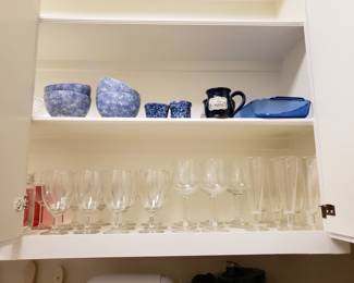 WINE GLASSES & BLUE DISHES
