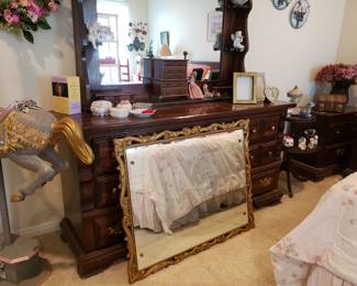 MID CENTURY DRESSER AND LARGE GOLD ORNATE FRAMED MIRROR