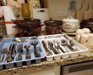 VISIONS COOK WARE BY CORNING/CORELLE, FLATWARE & IRON STONE DISHES