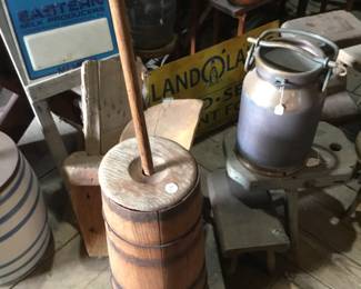 197. Large collection of butter churns and other dairy equipment