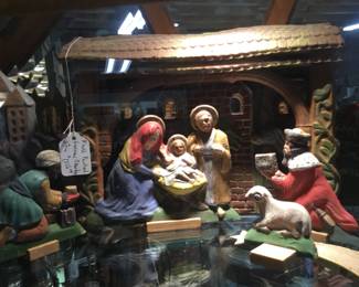 354. Hand painted German crèche, 70 pieces