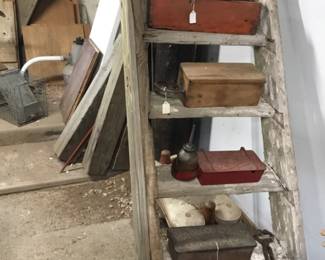 74. Antique tool boxes, ladder,