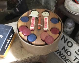 70. Poker chips and cards in holder.