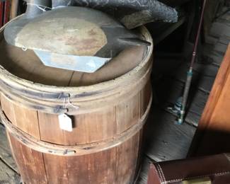 192. Barrels, decoys. Some vintage luggage