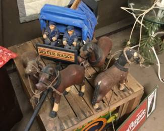 68. Horses and wagon on a nice primitive side tables