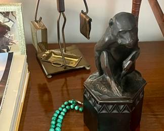 Antique Malachite beads from the 1930s.  Another rare signed bronze monkey by Austrian sculptor Michael Six (born 1874).