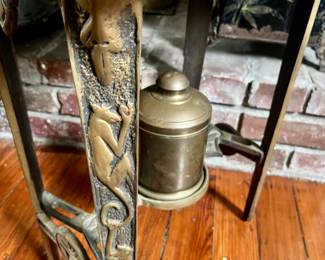 RARELY AM I THIS IMPRESSED!
Set of 3 bronze cigar tables with original humidors…black marble tops adorn these handcarved stands with a delightful monkey motif.  The Hotel Edison!  1930s.