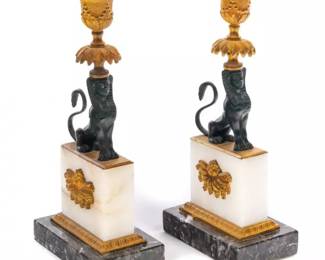 Pair French Empire Bronze Candlesticks Egyptian Sphinx