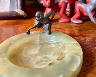 Art Deco Green Onyx Monkey Vide Poche Dresser Trinket Tray