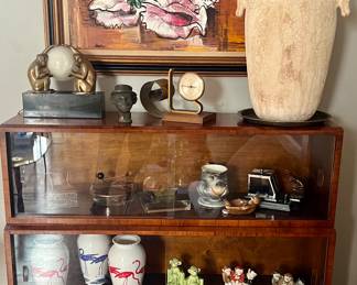 1930s Art Deco barrister case with original sliding glass doors.  Walnut in fabulous condition.  Painting by Guy Crittington Maccoy (AMERICAN / KANSAS / CALIFORNIA, 1904 - 1981)