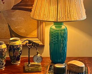 Pair of fabulous MCM ROOKWOOD monkey lamps in turquoise with the original beaded shades.