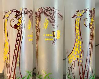 Vintage  Frosted Giraffe and Monkey Zombie Tall Glasses