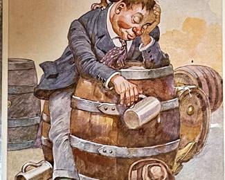 Germany Postcard Comic Humor Octoberfest Drunk Man Monkey Barrel Keg Vintage