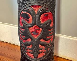 Medieval Style Umbrella Stand: an umbrella stand with a black painted iron sheet structure.  FROM THE OLD WESTERN STEAKHOUSE ON MADISON!!!