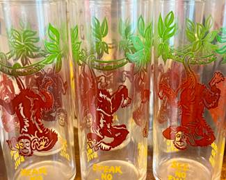6 VTG 1950's Monkey See Hear Speak No Evil Tall Drinking Federal Glass Set MCM