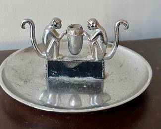 Hamilton Products Machine Age Chrome Desk Monkey Cigarette Ashtray Art Deco