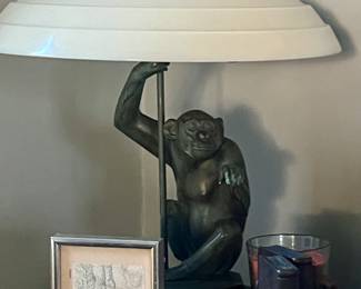 Art Deco Table Lamp Monkey with Umbrella by Max Le Verrier, France
