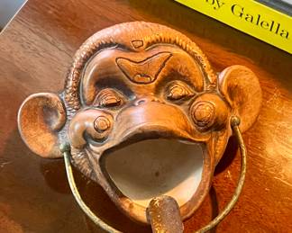 Vintage 1960 Treasure Craft Pottery Monkey Face Open Mouth Brass Cigarette Holder Ash Tray