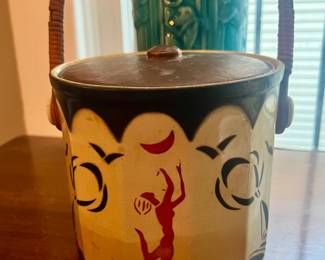 Vintage MCM Japan Hand Painted Biscuit Jar with Wicker Handle