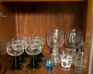 Top Left of Image) - Vintage Etched Glass Goblet - Value $20 Each - Two available. Top Right of Image) Konig Pilsener Beer Glass Set - Value $60 for the set.  - Six available. 
Middle Left set of 6) Set of Vintage Etched Glass Goblets with Black Stems - $60 for the set. 
Middle Right of image) Ornate Stem Goblet - $60 for the set - Set of 6. 
Bottom Left of Image) Vintage Crystal Wine Glass Set - Set of 6. $60 for the set. 
Bottom Right of Image) Etched Glassware Set  of 8 - $40 for the set. 
