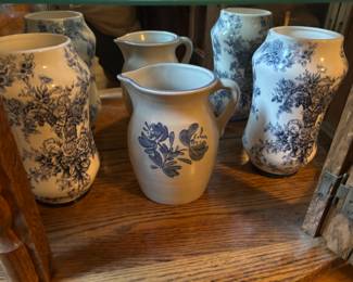 Blue and White Floral Ceramic Pitcher and Vases Set - $30 Each 