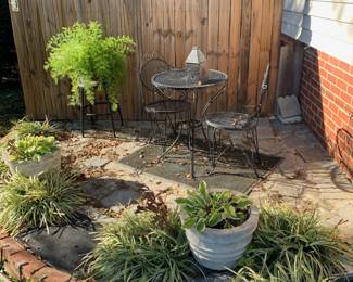 Outdoor furniture; ice cream shop (bistro) table and chairs; plants
