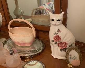 Perfume bottles; vanity set; cat