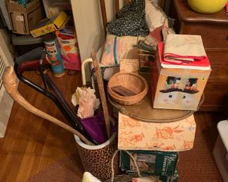 Pillows; vintage tinker toys; canes and walking sticks