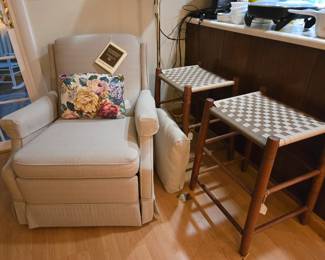 New recliner, pair of tall taped stools