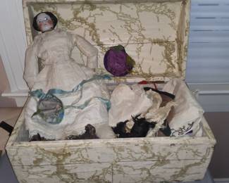China head doll and clothes in paper covered box (as found)