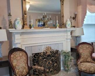 Victorian chairs, fire screen