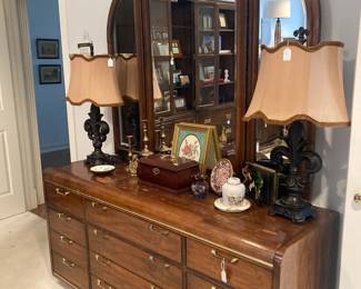 Triple dresser and mirror; matching lamps