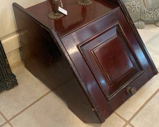 Antique wood and brass coal scuttle and scoop