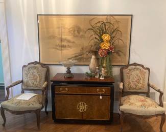 Asian style server; matching needlepoint chairs