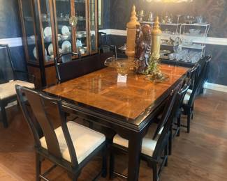 Asian style Century ebony/burl wood dining table with 2 leaves, chairs, and pads