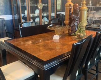 Asian style Century ebony/burl wood dining table with 2 leaves, chairs, and pads