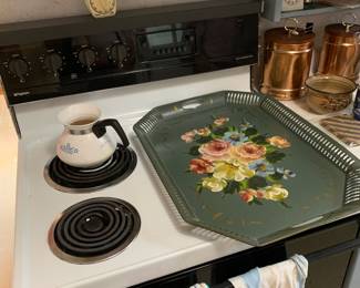 Corningware and tole-painted tray