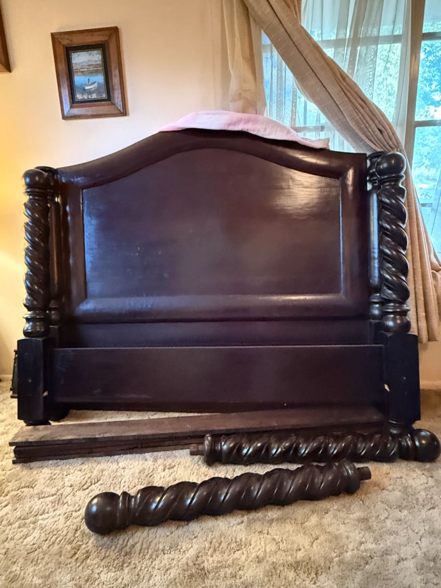 Elegant Antique Solid Wood Queen Bed Set featuring a beautifully crafted headboard with carved posts, footboard, sturdy side rails, and solid wood slats. This classic piece boasts timeless design and craftsmanship, adding warmth and sophistication to any bedroom. 