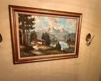 Landscape paintng and Brass Candle Sconces