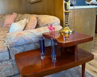 Vintage Cherrywood End Tables, Brass Lamps