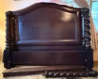 Elegant Antique Solid Wood Queen Bed Set featuring a beautifully crafted headboard with carved posts, footboard, sturdy side rails, and solid wood slats. This classic piece boasts timeless design and craftsmanship, adding warmth and sophistication to any bedroom.