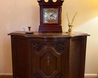 Vintage Magnavox Console Stereo and Grandfather clock. Brass eagle, Candle Holder